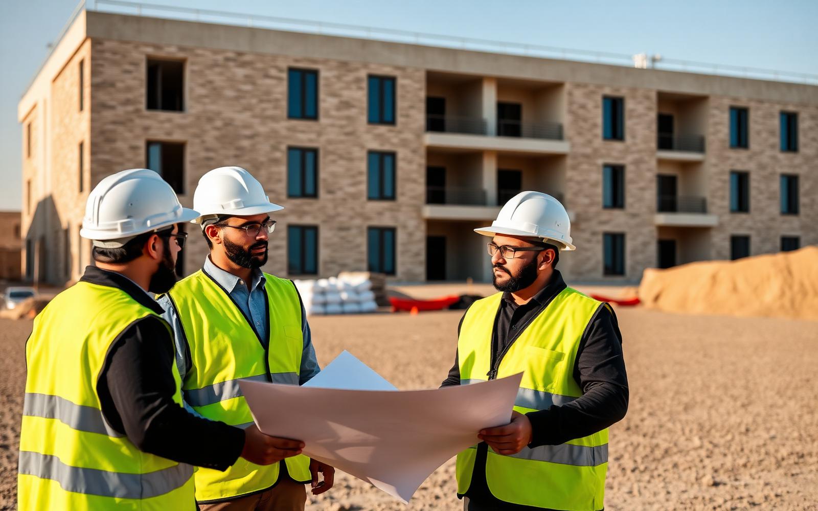 Engineers reviewing drawings at a building site in Oman